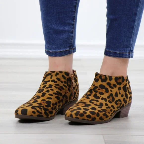 Faux Sude Leopard Low Heel Ankle Boots - Picture 12 of 13